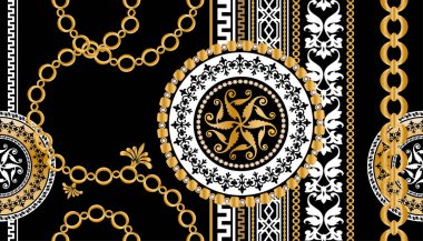 Değerli taşlar, altın zincirler ve incilerle süslenmiş kusursuz desenler..