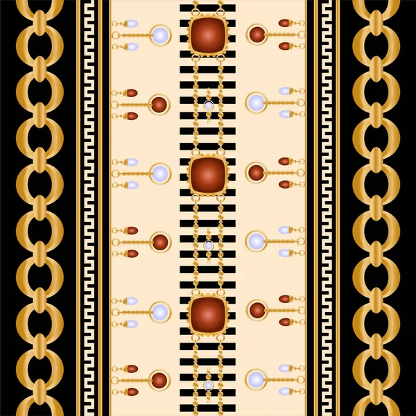 金の鎖と真珠で飾られたシームレスなパターン — ストックベクタ