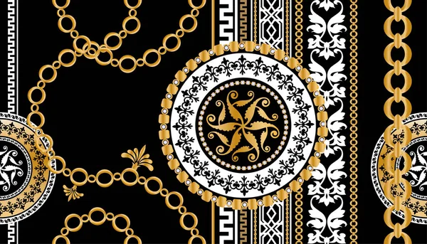 Değerli taşlar, altın zincirler ve incilerle süslenmiş kusursuz desenler..