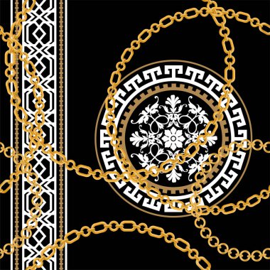 Altın zincirler ve çiçeklerle süslenmiş kusursuz desenler..