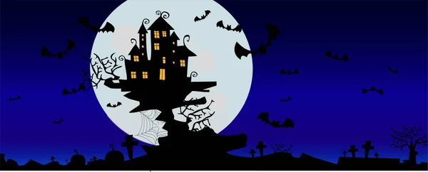 Luna Llena Con Murciélagos Árboles Espeluznantes Casa Misteriosa Fondo Halloween — Vector de stock