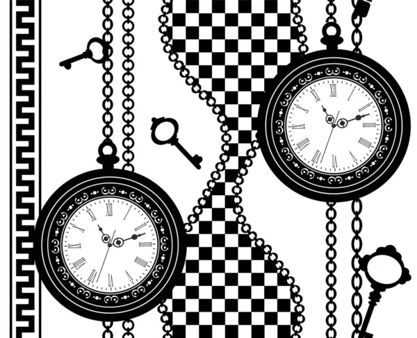 時計とチェーンのシームレスなパターン — ストックベクタ