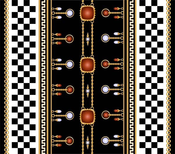 Patrón Sin Costuras Decorado Con Piedras Preciosas Cadenas Oro Perlas — Archivo Imágenes Vectoriales