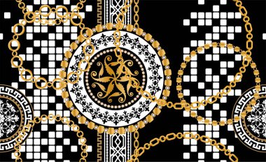 Altın zincirler ve çiçeklerle süslenmiş kusursuz desenler..