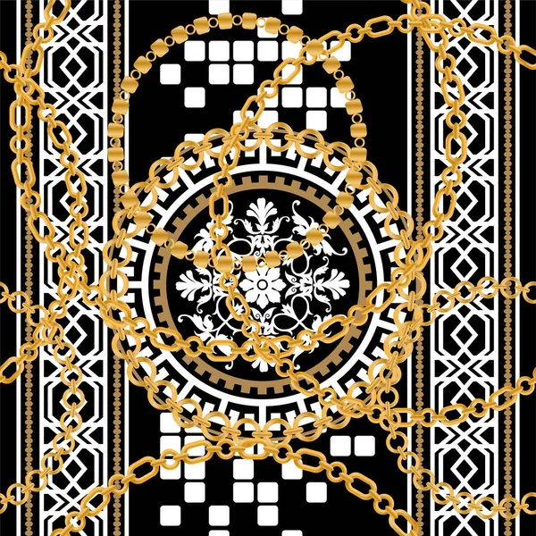 Patrón Inconsútil Decorado Con Cadenas Oro Flores — Vector de stock