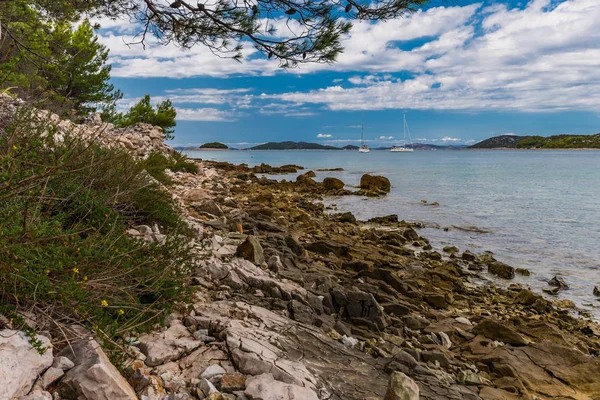 Hermoso, idílico, soleado paisaje marino de verano. Murter, Croacia, Dalm — Foto de Stock