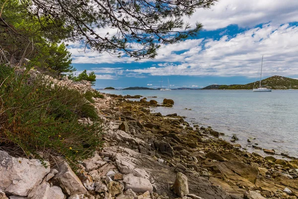 Hermoso, idílico, soleado paisaje marino de verano. Murter, Croacia, Dalm — Foto de Stock