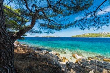 Akdeniz 'de idilik görünümü, Murter, Dalmatia, Hırvatistan