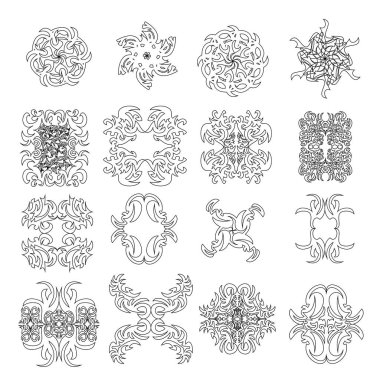 Dekoratif desen ve süs eşyaları ile ayarlayın. Çeşitli şekiller süsler. Siyah ve beyaz ornamnts hatlardan. Vektör çizim.