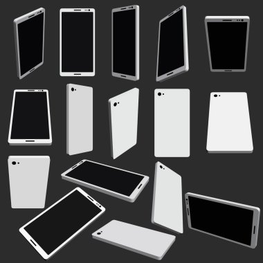 Telefonlar ile farklı pozisyonlarda ayarlayın. 3D. Smartphones içinde farklı açılardan. Telefonları bir izometrik görünümünde. Vektör çizim.