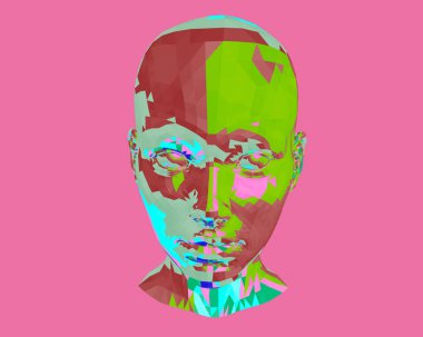 Çok renkli kız kafası. Kız poligonal Başkanı 3d. Modern sanat. Kız soyut kafa. Vektör çizim.