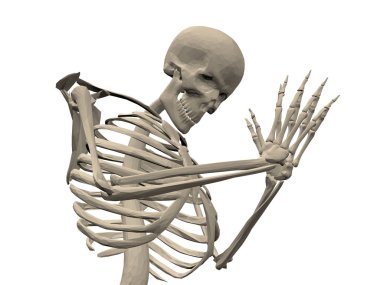 İskelet diz çöker ve dua ediyor. 3D. dindar biri. Vektör çizim.