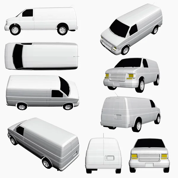 设置在不同位置的面包车 白色面包车在不同位置从侧面 从上面 矢量插图与白色面包车 — 图库矢量图片