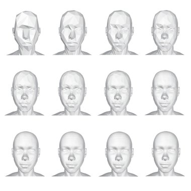 Bir kız poligonal bir kafa ile ayarlayın. Rethopology kızın baş 3d. ayrıntılı 12 aşamaları ve kız baş. Animasyon dizisinin vektör çizim.