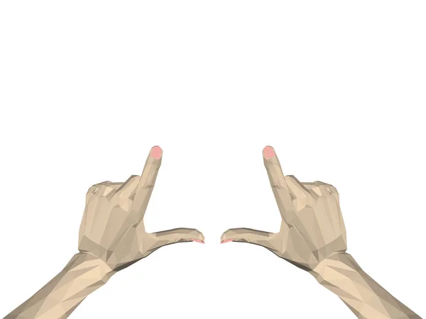 白い背景の上に人の隔離された多角形手 男の手は タッチ スクリーン 近代的な技術を制御します 人間の手でのパターン ベクトル イラスト — ストックベクタ