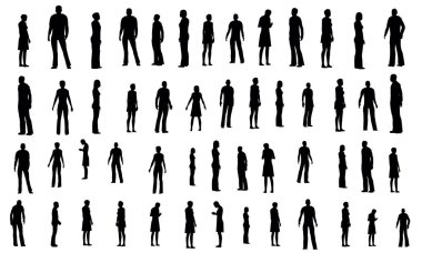 Set with black and white silhouettes of people in different poses. Contours of men and women in different situations. Vector illustration. clipart