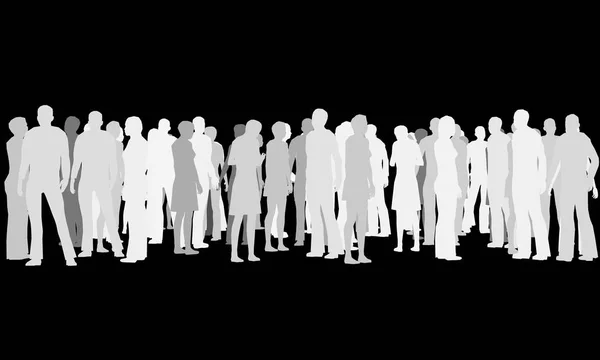 Background with silhouettes of people. The crowd of people is in different poses. Silhouettes of people in gray shades. Vector illustration.