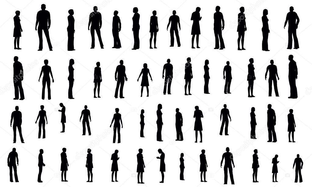 Set with black and white silhouettes of people in different poses. Contours of men and women in different situations. Vector illustration.