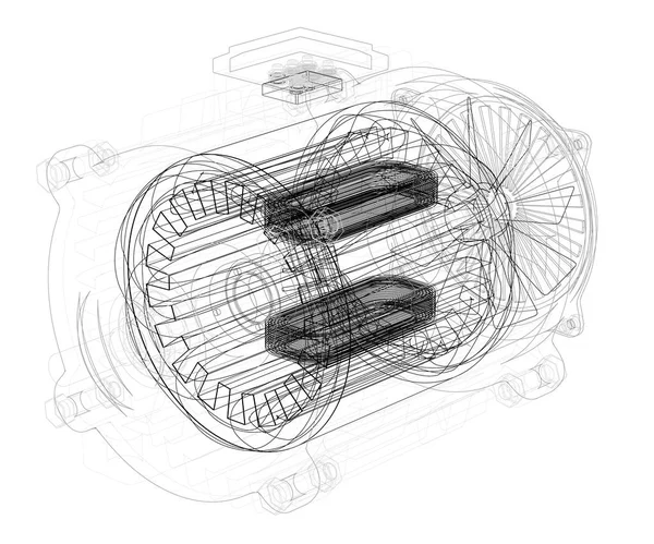 Motorun dış hatları 3 boyutlu. İç mekanları olan bir motor çiziyorum. Vektör illüstrasyonu.
