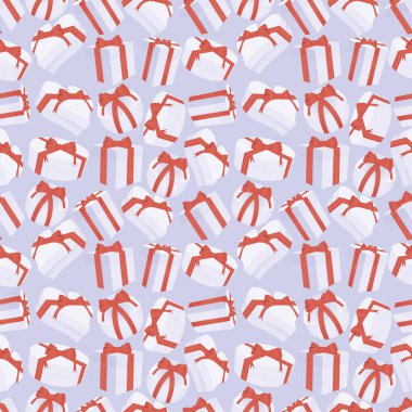 Hediye kutuları fiyonkla bağlanmış kusursuz bir doku. Kalp şeklinde hediye kutuları, bir kare, bir top ve bir çokgen. Vektör illüstrasyonu.