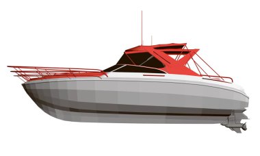 Teknenin kırmızı-beyaz modeli. Yan görüş. Çokgen sürat teknesi. 3B Vektör illüstrasyonu.