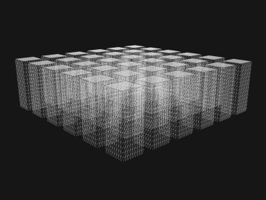 Bir blok çokgen dikdörtgen. Siyah arkaplandaki beyaz çizgilerden dikdörtgenler. Üç boyutlu. Vektör illüstrasyonu.