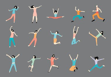 Çizgi film tarzında farklı pozisyonlarda insanlarla ayarlanmış. İnsanlar koşar, zıplar ve dans eder. Vektör illüstrasyonu.