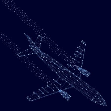 Çokgen düzlem. Arka planda bir sürü parlak ışığı olan bir jet uçağının kablosu var. Koyu mavi arka plan ve yolcu uçağı. Vektör illüstrasyonu.