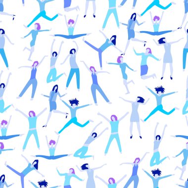 Kızların farklı pozisyonlarda olduğu kusursuz bir doku. Dokudaki kızlar dans eder, zıplar ve eğlenir. Düz stil. Vektör illüstrasyonu.
