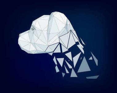 Çokgen köpek kafası yan tarafta. Kafa çokgenlere ayrılır. Köpek kafalı bir arka plan. Üç boyutlu. Vektör illüstrasyonu.