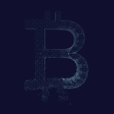 Tel kafes bitcoin sembolü çöküyor. Bitcoin birçok parçalara ayırır. Koyu mavi arka plan. Vektör çizim.