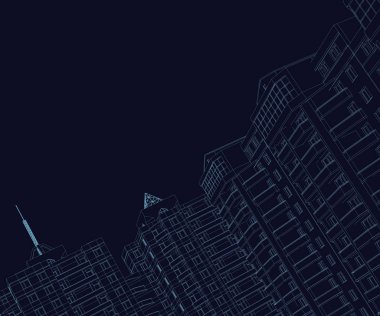 Çok katlı binalar koyu mavi bir arka plan üzerinde kıvrımlarına. 3D. mavi çizgiler binaların tel kafes. Vektör çizim.