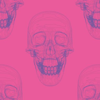 Kafatasları ile sorunsuz doku. Satırları oluşan dekoratif kafatası. Pembe bir arka plan. Vektör çizim.