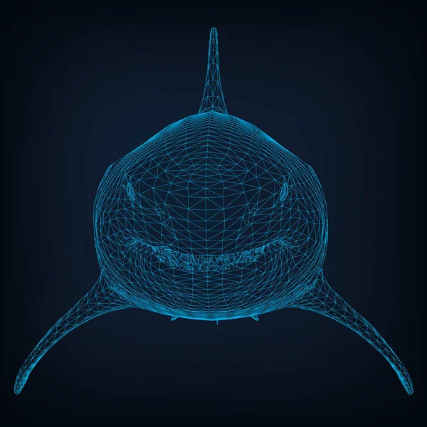 Modelo Poligonal Alambre Tiburón Vista Frontal Fondo Azul Oscuro Ilustración — Vector de stock