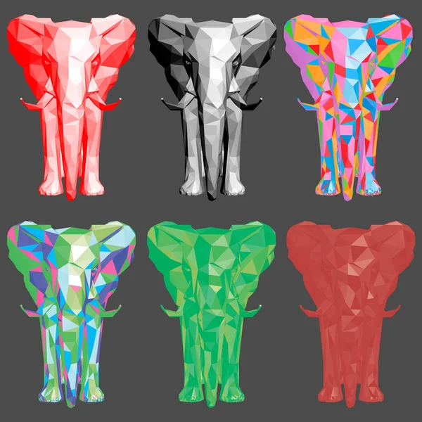 Set Mit Mehrfarbigen Polygonalen Elefanten Vektorillustration — Stockvektor
