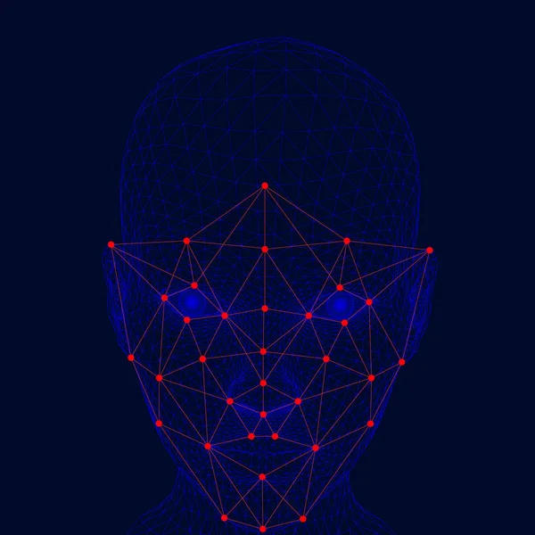 女の子顔の認識 少女の頭の多角形のワイヤ フレームは 顔認識技術を示しています 多くの点と人の性格を認識するための線 — ストックベクタ