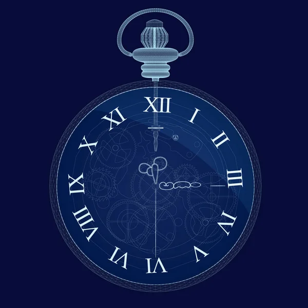 와이어 프레임 상세한 어두운 파란색 바탕에 빈티지 주머니 시계입니다 일러스트 — 스톡 벡터