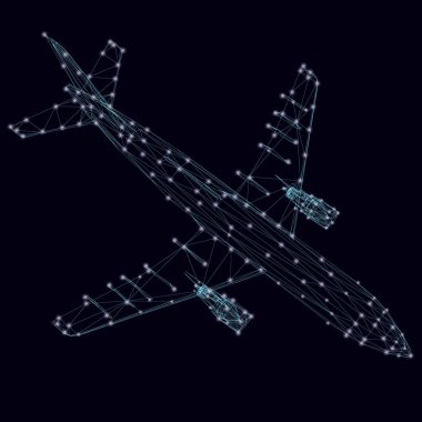 Koyu mavi bir arka plan üzerinde parlayan ışıklar ile uçağın poligonal tel kafes. Vektör çizim.
