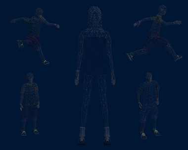 Poligonal insanlarla ayarlayın. Tel kafes çalıştıran ve duran insan. Vektör çizim.