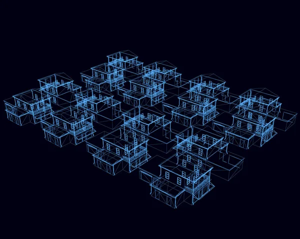 Sötét Kék Háttéren Lakóépületek Modellek Drótváz Házak Vonalak Vektoros Illusztráció — Stock Vector