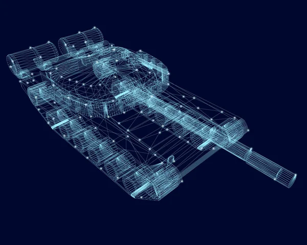 Polygonal wireframe of the tank with glowing lights on a dark blue background. 3D. Vector illustration.
