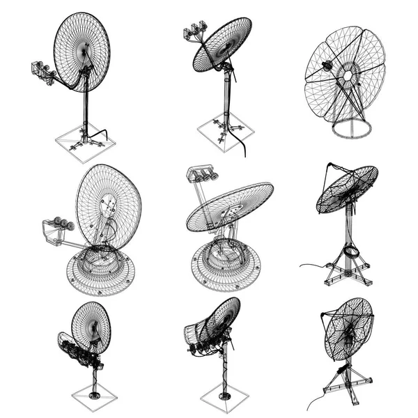 Placas Satelitales Wireframe Set Con Antenas Parabólicas Diferentes Tipos Isométrico — Vector de stock