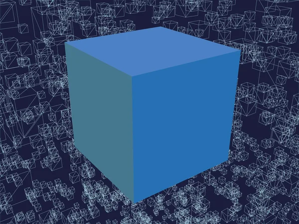 多くのキューブと途中で青い大きな立方体のワイヤ フレームと背景 ベクトル図 — ストックベクタ