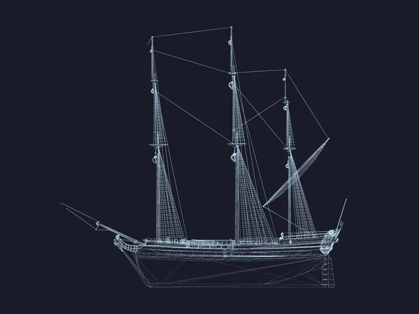 暗い背景にセーリング船ワイヤ フレーム 青い線の多角形の船 ベクトル図 — ストックベクタ