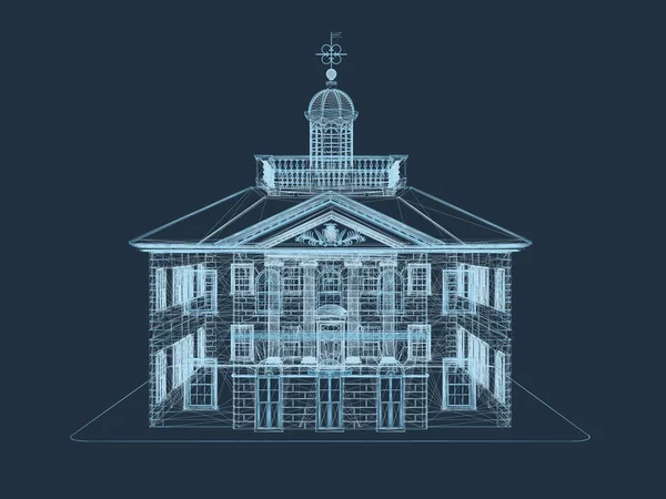 Wireframe Здания Здание Изометрии Темно Синем Фоне Многоугольное Здание Векторная — стоковый вектор