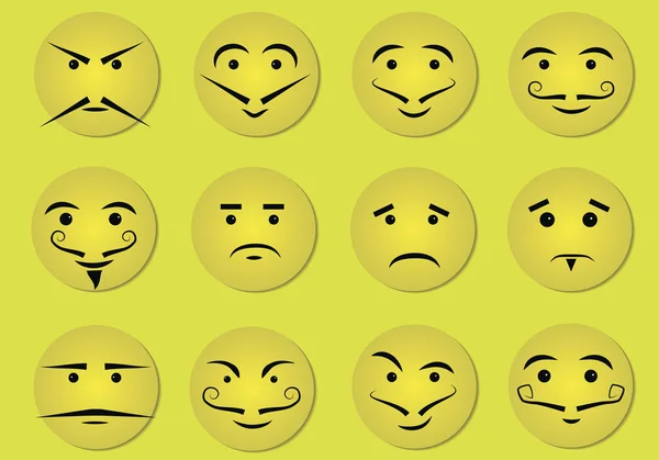 Set Yellow Circles Human Faces Variety Facial Expressions Mustache Vector — Stock Vector