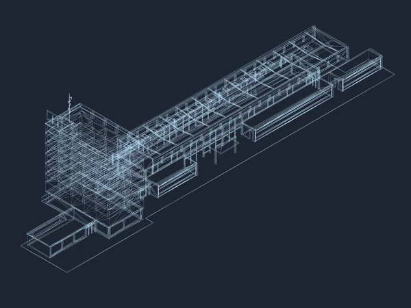 Izometryczne Budynku Model Szkieletowy Przemysłowych Oparciu Ciemnym Niebieskim Tle Ilustracja — Wektor stockowy