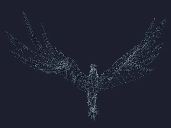 Koyu mavi zemin üzerine çokgen kartal tel kafes. Kartal kanatlarını aç. Önden Görünüm. 3D vektör çizim.