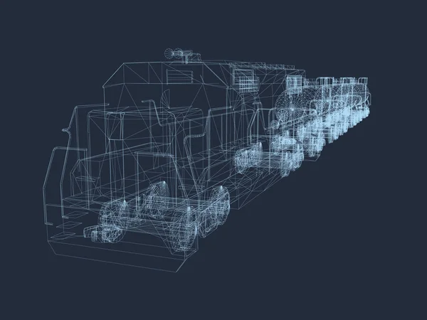 Trein Draadframe Veelhoekige Trein Met Stortbakken Trein Van Blauwe Lijnen — Stockvector