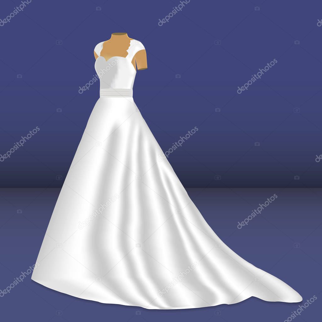 White wedding dress on a mannequin on a blue background. Vector illustration.